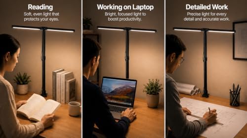LED Desk Lamp with Clamp, Double Head Dimmable Clip On Light, 5 Color Modes, Eye-Caring Gooseneck Desk Lamp for Home Office, Study, Reading, Workbench & Small Desk – Black