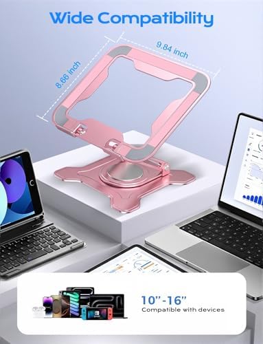 JCZT 360° Rotating Laptop Stand for Desk, Metal Foldable Laptop Riser, Pink