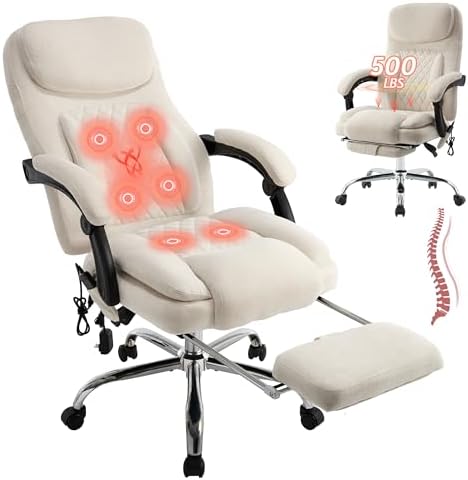 500LBS Massage Office Chair, Reclining 6 Points Vibration and Heat Desk Chair with Foot Rest, Ergonomic Executive Office Chairs, Comfy Wider & Thicker Seat, Big and Tall Gaming Chair, Fabric Beige