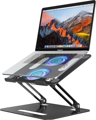 YICOSUN Adjustable Laptop Cooling Stand with 2 Quiet Fans & RGB Lighting, Aluminum Alloy & Foldable Ergonomic Design for MacBook, Lenovo, ASUS, Dell 10-16 Inch, Perfect for Gaming, DJ, Office - Black