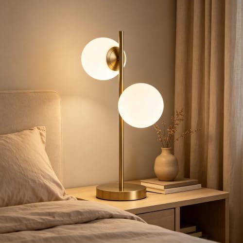 Mid Century Modern Table Lamp, Gold Globe Nightstand Light with 2 LED Bulbs Included, Contemporary Bedside Lamp for Bedroom Living Room Study Decor