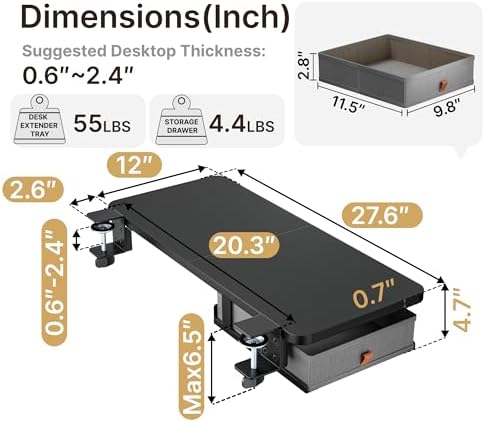 PEGZONE Desk Extender Tray, 28" x 12", with Storage Drawer, Large, Black