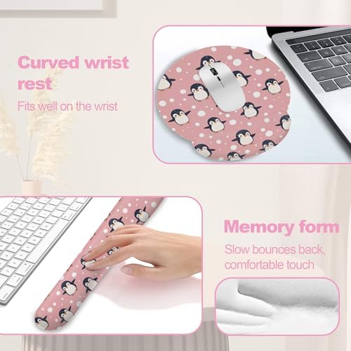 Cute Penguin Keyboard Wrist Rest Pad Mouse Pad Set,Ergonomic Mousepad Wrist Support Memory Foam Desk Pad for Gaming Office,Non-Slip Rubber Base Easy Typing for Home Office Computers