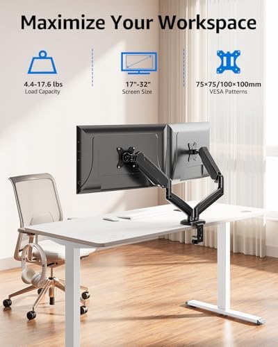 MOUNTUP Dual Monitor Stand for Desk, Monitor Arms for 2 Monitors 32 27 24 22 Inches, Height Adjustable Double Monitor Mount, VESA Mount with C-Clamp & Grommet Base, Holds 4.4-17.6lbs