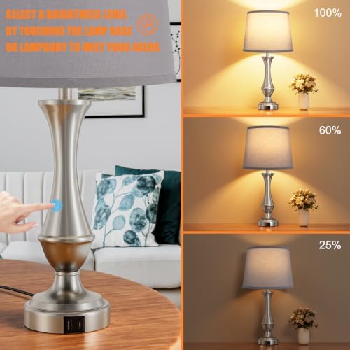 Touch Lamps for Nightstand, 3 Way Dimmable Lamps for Bedroom with USB C+A