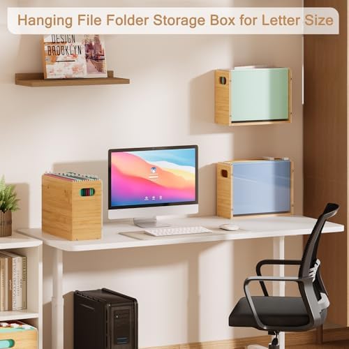 Sbanmao Acrylic Wall File Organizer, Hanging File Folder Organizer with Handle, Bamboo File Box File Crate Storage Box, Portable Filing Organizer for Home Office Classroom (Letter Size, 2 Pack)