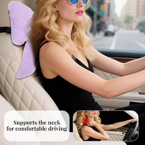 Bow Car Headrest Pillows Plush Car Neck Pillows for Travel Driving Office Chair Head Support Cushions, Also Cute Car Decor Accessories (2PCS Purple)