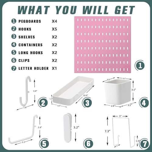 MULSAME Pegboard Combination Kit, Wall Mounted Storage Set with 4 Pegboards & 14 Accessories Hanging, Pink Peg Boards Organizer for Walls Display, Crafts Organization, Kitchen Organizer, 22" x 22"