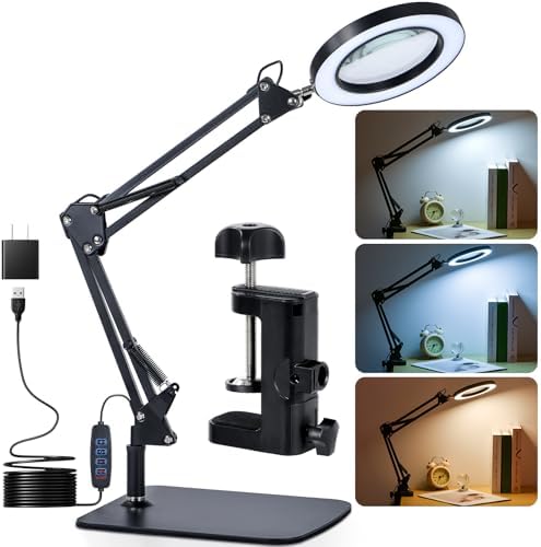 Magnifying Glass with Light and Stand, 3 Color Mode & 10 Dimmable Levels, Hands Free Lighted Magnifier with Clamp, LED Magnifying Desk Lamp for Close Work, Reading, Crafts, Painting Miniatures