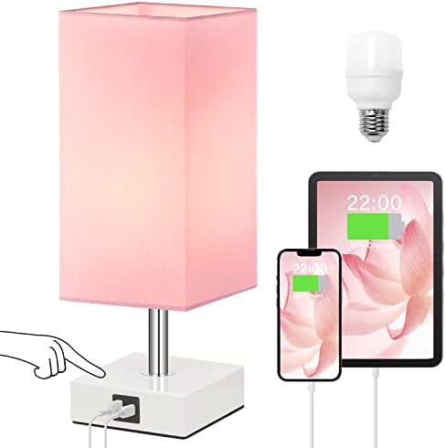 Pink Touch Table Lamp for Bedroom - Dimmable, USB C+A, Girls Bedside Lamp