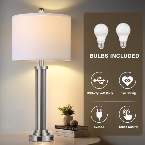 28" Tall Modern Table Lamp with USB C+A Ports and AC Outlet, 3 Way Touch Metal Bedside Lamps for Bedroom, Silver Nightstand Lamp for Living Room