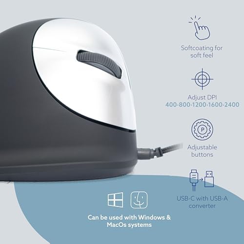 R-Go HE Ergonomic Mouse, with Break Software, USB-C Wired (with USB-A Converter), Vertical Design, Anti-Carpal Tunnel, Silent Click, Customisable Buttons, Compatible for Windows/Mac OS, Black/Silver