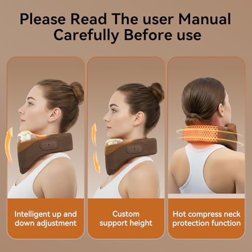 Yunari Cordless Neck Brace for Cervical Spine Posture Correction and Support, Patented Traction Device with Intelligent Adjust and Hot Compress, Neck Brace for Men and Women, （Brown, Medium）