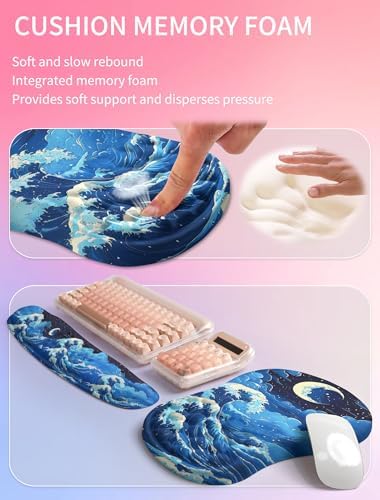 Hokafenle 2in1 Combination, Wave Keyboard Wrist Rest and Ergonomic Curvature Mouse Pad Wrist Support for Relieve Wrist Pain, Filled with Soft Cushion Memory Foam, Crescent Waves