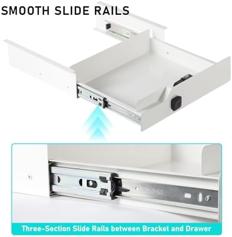 Under Desk Drawer with Biometric Fingerprint Lock, Metal Undermount Table Drawer, Slides out Tray Organizer for Paper, Pencil, and Laptop 16"x11.8"x3.6", White