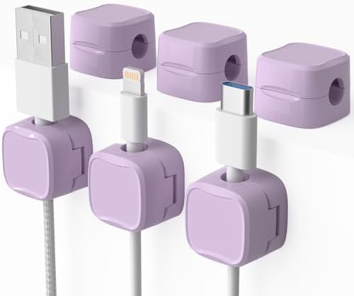 6 Pack Magnetic Cord Organizer & Cable Clips - Adjustable Under Desk Cable Management, Adhesive Wire Holder for Home, Office, Phone, Car, Wall, and Nightstand (Violet)
