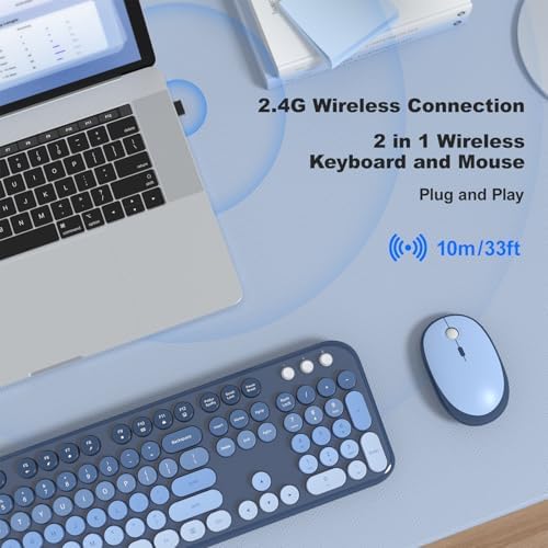 MOFII Wireless Keyboard and Mouse Combo, Full Size 2.4G Retro Round Computer Keyboard and Mouse Set, Plug and Play, for Windows, Computer, Desktop, PC, Notebook - (Sea Blue Gradient)
