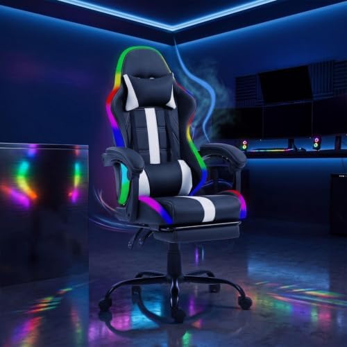 ECOTOUGE Gaming Chair with Footrest, Lumbar Massage & RGB LED Lights, White