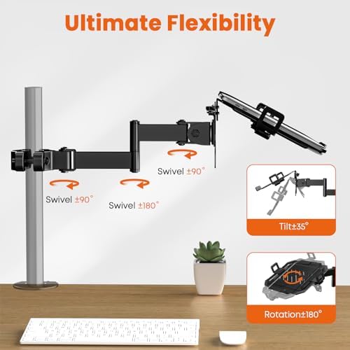 PUTORSEN Laptop Pole Mount Tray – Universal Full Motion Arm Holder with Removable 75mm & 100mm VESA Plate, Fits 12–18 Inch, Black