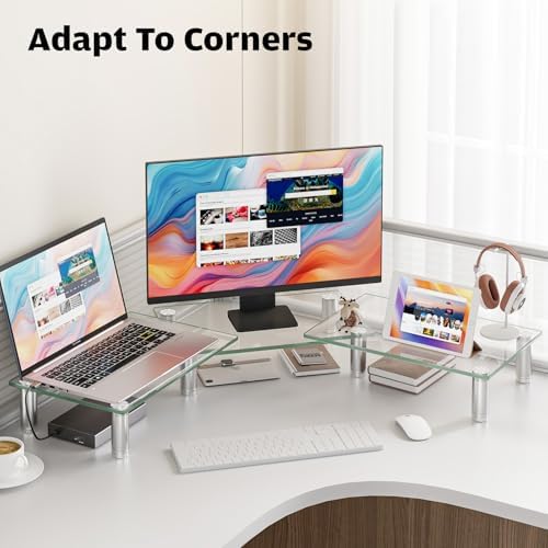 Hemudu Dual Monitor Stand -Adjustable Length and Angle Dual Monitor Riser, Desktop Organizer for PC, Computer, Laptop (Clear)