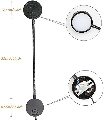 5W Wall Mounted Reading Light Flexible Gooseneck LED Sconce Lamp with Plug & Switch for Bedroom, Office, Workbench, Studio (03 Black Cool)