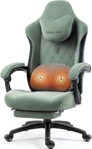 Dowinx Fabric Gaming Chair with Heated Massage Lumbar Support, Game Chairs for Adults, Big and Tall Gamer Chair with Pocket Spring Cushion, High Back PC Chairs with Footrest, Green