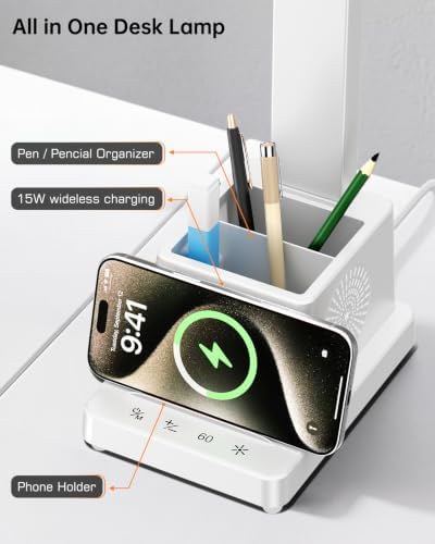 cozoo LED Desk Lamp for Home Office,15W Wireless Charger Pen Holder, White