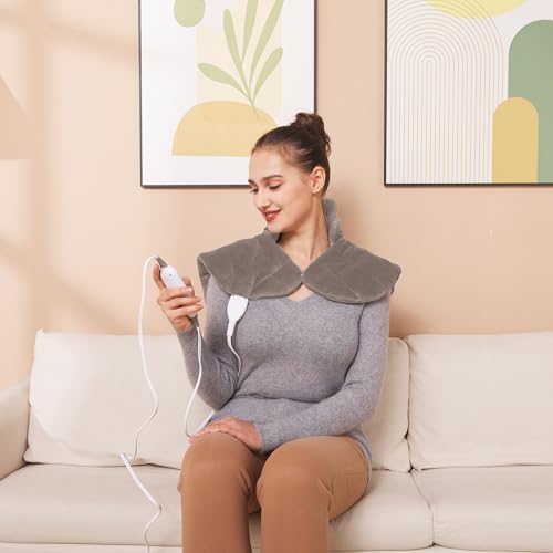 Ruqiji 19" x 24" Weighted Neck&Shoulder Heating Pad, 2.5lbs with 12 Temperature Settings&Countdown Timer,Pain Relief for Neck/Shoulders/Menstrual Pain(Light Tan)