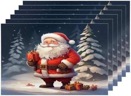 Shrahala Christmas New Year Set of 6 12 X 18 Inch Linen Placemats, Santa Claus Snow Presents Christmas Trees Burlap Table Mat Washable Double Layered Heat Insulation for Indoor
