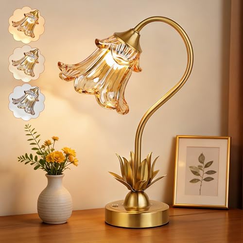 PARTPHONER Cordless Flower Table Lamp with Glass Lampshade, 5000mAh Rechargeable Battery, 3-Color Dimmable Touch Control, Portable Desk Lamp for Nightstand, Patio, Camping, Restaurant & Home, Amber