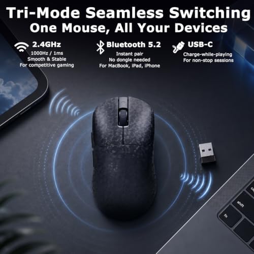 AJ199 Gaming Mouse, 60g Carbon Fiber Shell, Tri-Mode 2.4G/Bluetooth/USB-C