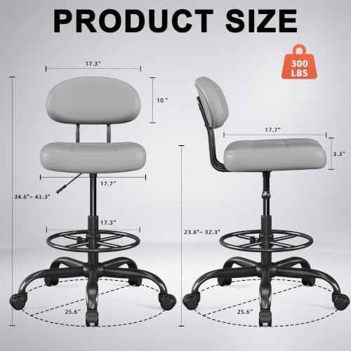 Armless Drafting Chair with Back, Tall Office Chair for Standing Desk, PU Faux Leather,Footrest Ring,Adjustable Height,360°Wheels for Bar Home Office