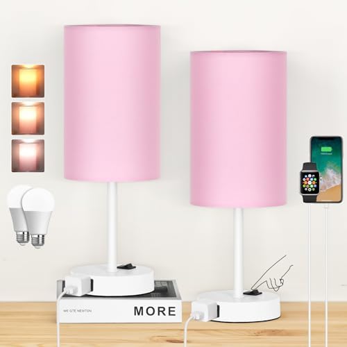 ZJOJO 13.8'' Pink Small Table Lamp Set of 2 for Bedroom Bedside, AC Outlet
