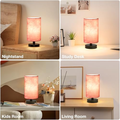 Fenmzee Small Table Lamps(Pink Shade - Black Base, 9" Inline Control)