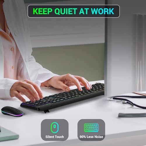 Wireless Keyboard and Mouse Combo, Lovaky 2.4G Full-Sized Ergonomic Keyboard Mouse, 3 DPI Adjustable Cordless USB Keyboard and Mouse, Quiet Click for Computer/Laptop/Windows/Mac (RGB Rainbow, 1 Pack)