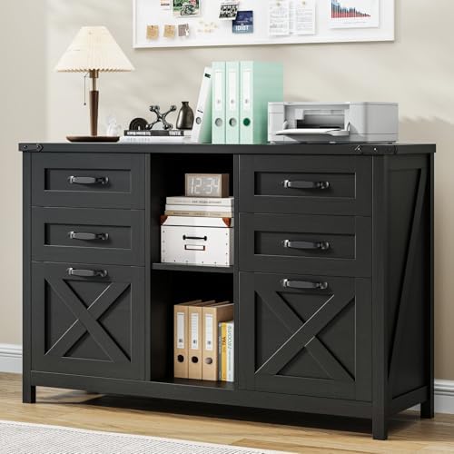 Halitaa Farmhouse Lateral File Cabinet with 6 Drawers, Rustic Black