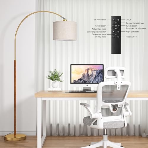 Ambimall Dimmable Arc Floor Lamp with Remote, Color Temp Adjust, Woodgrain