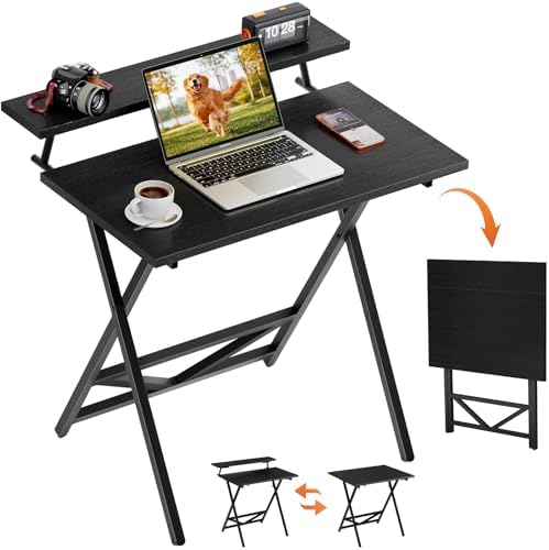 WOHOMO Folding Computer Desk with Monitor Stand, Adjustable Height, Black