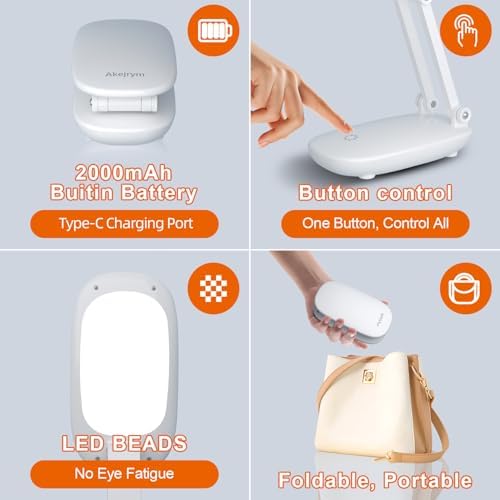 Akejrym LED Desk Lamp for Office Home & Battery Operated Lamp Rechargeable Lamp Foldable & Portable Light, [2-Fold Bracket] 3 Brightness Dimmable Small Desk Lamp Wireless Reading Lamp (White)