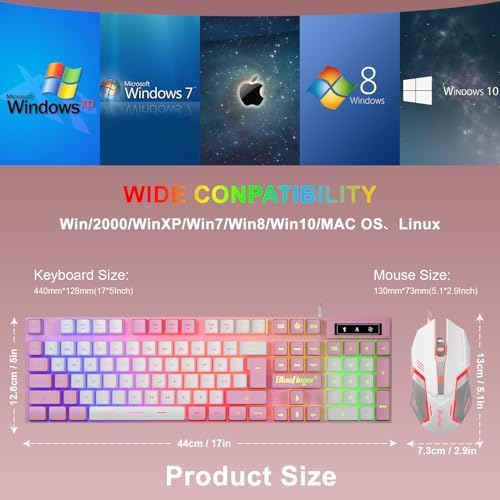 BlueFinger RGB Gaming Keyboard and Backlit Mouse Combo, USB Wired, LED Gaming Set for Laptop PC Computer Game and Work (Pink & White)