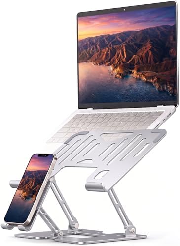 Adjustable Laptop Stand with Phone Holder, Ergonomic Alloy Steel Laptop Riser, Portable & Foldable Computer Stand for Desk, Compatible with MacBook Pro/Air All 10-18" Laptops (Silver)