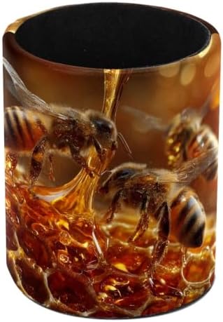 Leather Pen Holder for Desk, Bee Hive Pencil Cup Pen Organizer Makeup Brush Holder for Office Home Kids Countertop Desk Accessory Storage