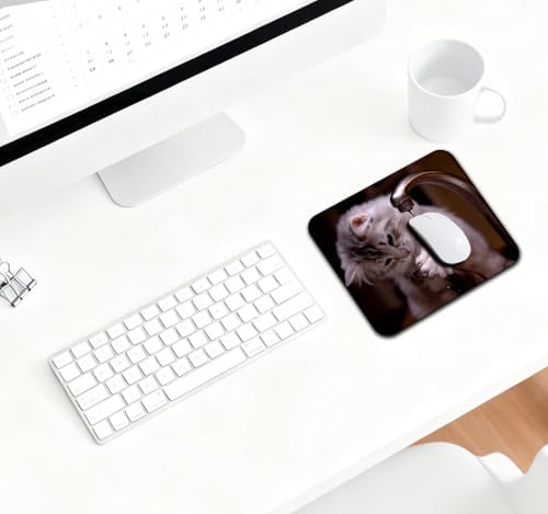 9.5x7.9 Inch Office/Gaming Mouse Pad, Curious Kitten Playing with a Dripping Faucet Lovely Cat Pet Funny Scene, Cute Anti-Slip Mat for Desk Decor