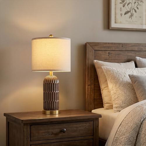 OYEARS 22.5" Bedside Table Lamps Set of 2, Farmhouse Table Lamp with USB A+C Charging Ports, Vintage Nightstand Lamp for Bedrooms and Living Rooms, Mid Century Modern End Table Lamp, Brown and Gold