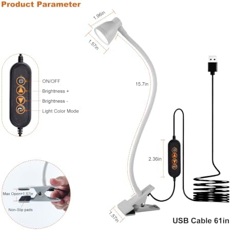 LED Clip Light 3 Color 10 Brightness Dimmable Clamp Desk Lamp White