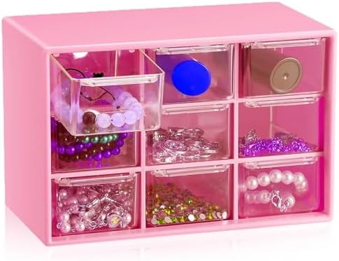 6 Pcs Small Drawer Organizer for Desk, Mini Desktop Drawer Organizer with 9 Clear Drawers, Plastic Desktop Craft Storage Box for Desk Office School Home 7.1" x 3. 8" x 4.6" (Pink)