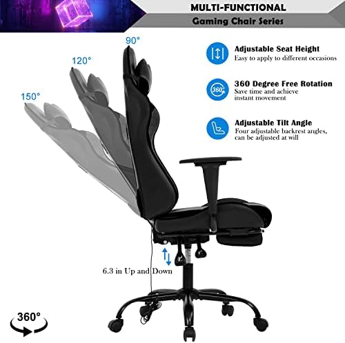 Black Massage Gaming Chair with Footrest, PU Leather Gaming Chairs for Adults, High Back Office Chair Ergonomic Desk Chair Computer Chair, Reclining Gamer Chair, Height & Backrest Adjustable, 300 Lbs