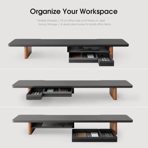 Fenge 42.5" Dual Monitor Stand with Storage Drawer & Solid Wood Legs, Black