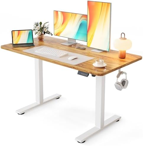 Cubiker Standing Desk, 48x24 Inches Sit Stand Home Office Desk, Electric Stand up Desk, Adjustable Desk with Splice Board, White Frame/Light Rustic Top