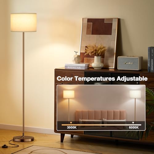 Ambimall Floor Lamps for Living Room with Remote Control and Stepless Dimmable Colors Temperature & Brightness, 9W Bulb Included(Beige Lampshade & Brown Pole)